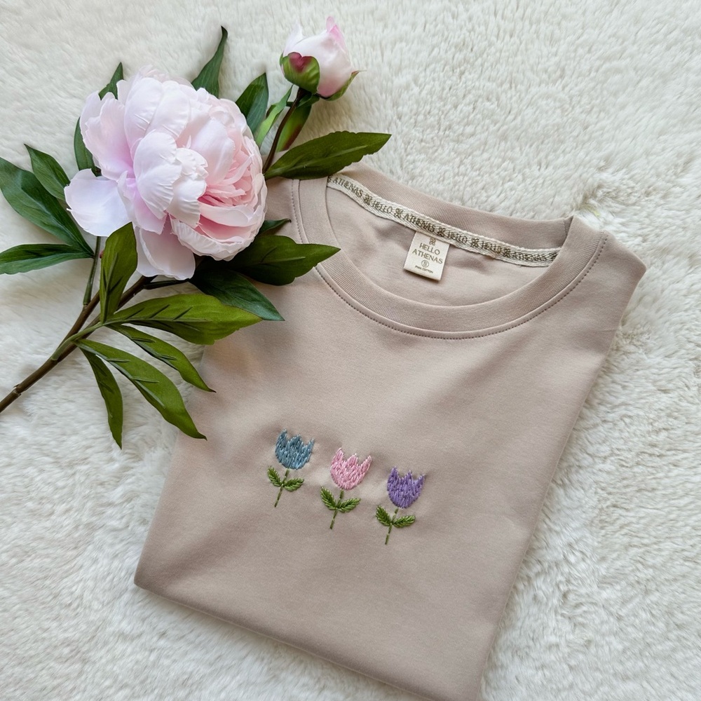 Floral Handmade Embroidered Beige Short Sleeve Pima Cotton T-shirt